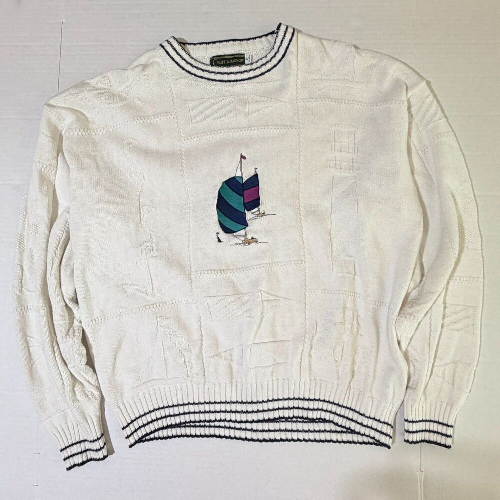 VTG Croft & Barrow, White Embroidered Sailboat Pullover Sweater, XL 100% Cotton